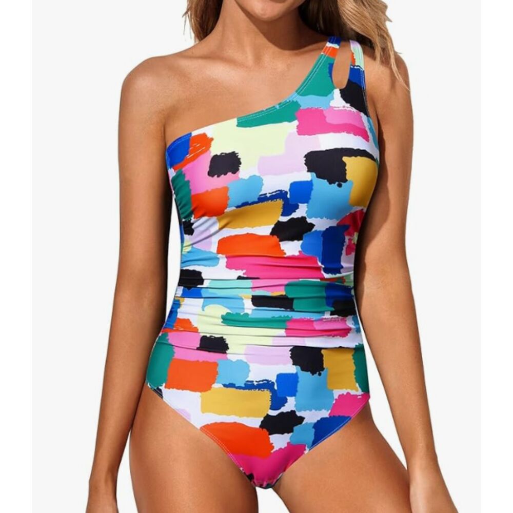 NEW Hollipick One Shoulder 1 Piece Swimsuit Medium Bright Geometric Print NWT
